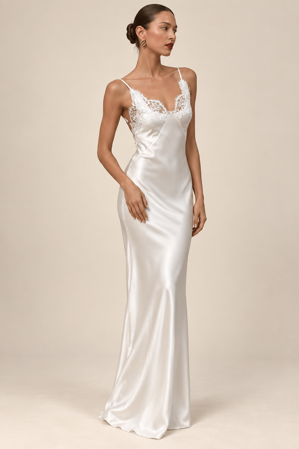 Juliette Moreau | Satin Lace Slip Maxi Dress – Bias Cut Open Back Spaghetti Strap Evening Gown