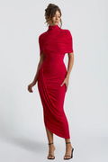 HÉLÈNE VAUGRENIER | Draped High Neck Bodycon Dress – Gathered Asymmetric Hem Stretch Evening Dress