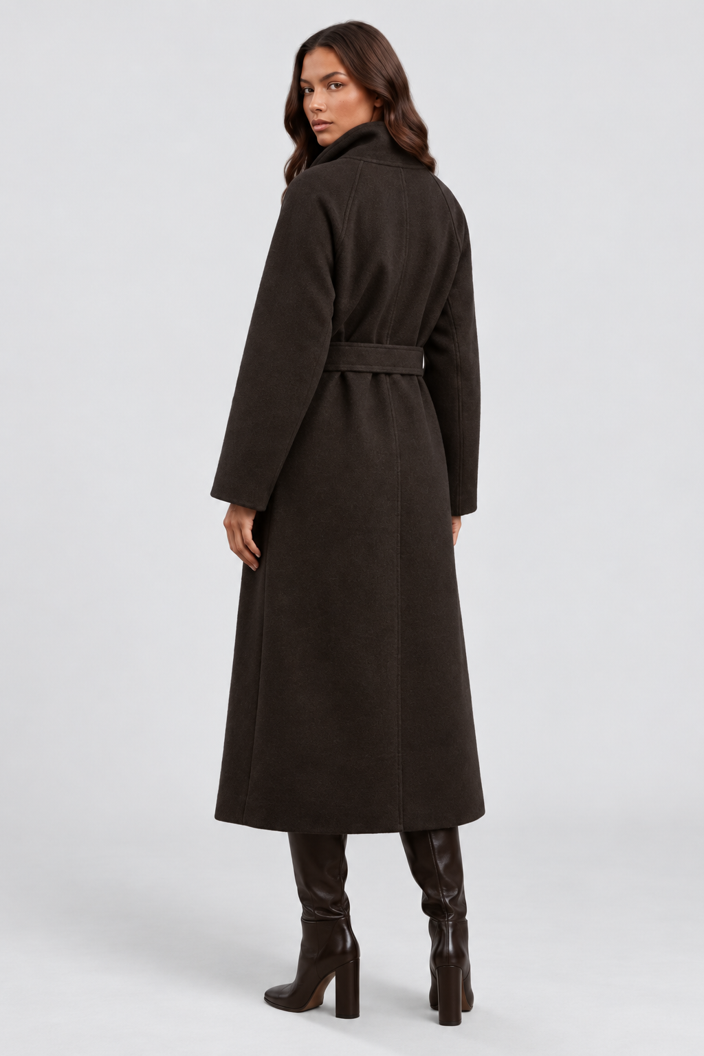 Margaux Dufour | Women's Belted Long Wool Coat – Charcoal Funnel Neck Maxi Coat