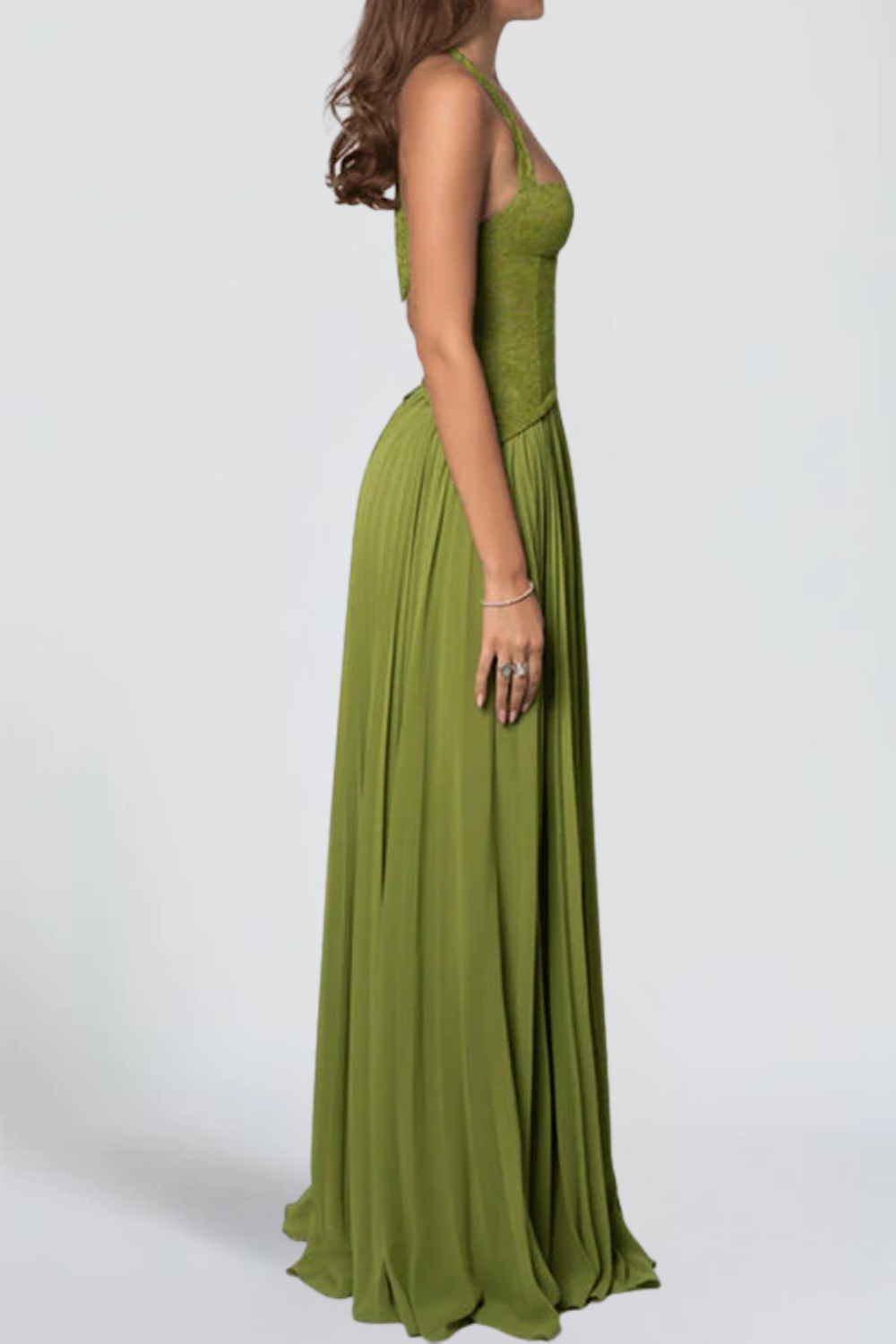 Claire Michel | Halter Corset Maxi Dress – Plunge Neck Pleated Skirt Flowy Evening Gown