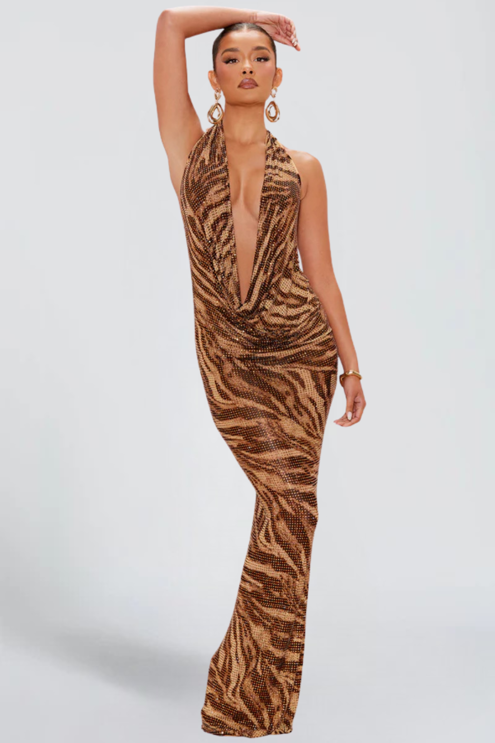 SABINE MONTREVAL | Leopard Sequin Maxi Dress – Backless Halter Plunge Neck Evening Gown