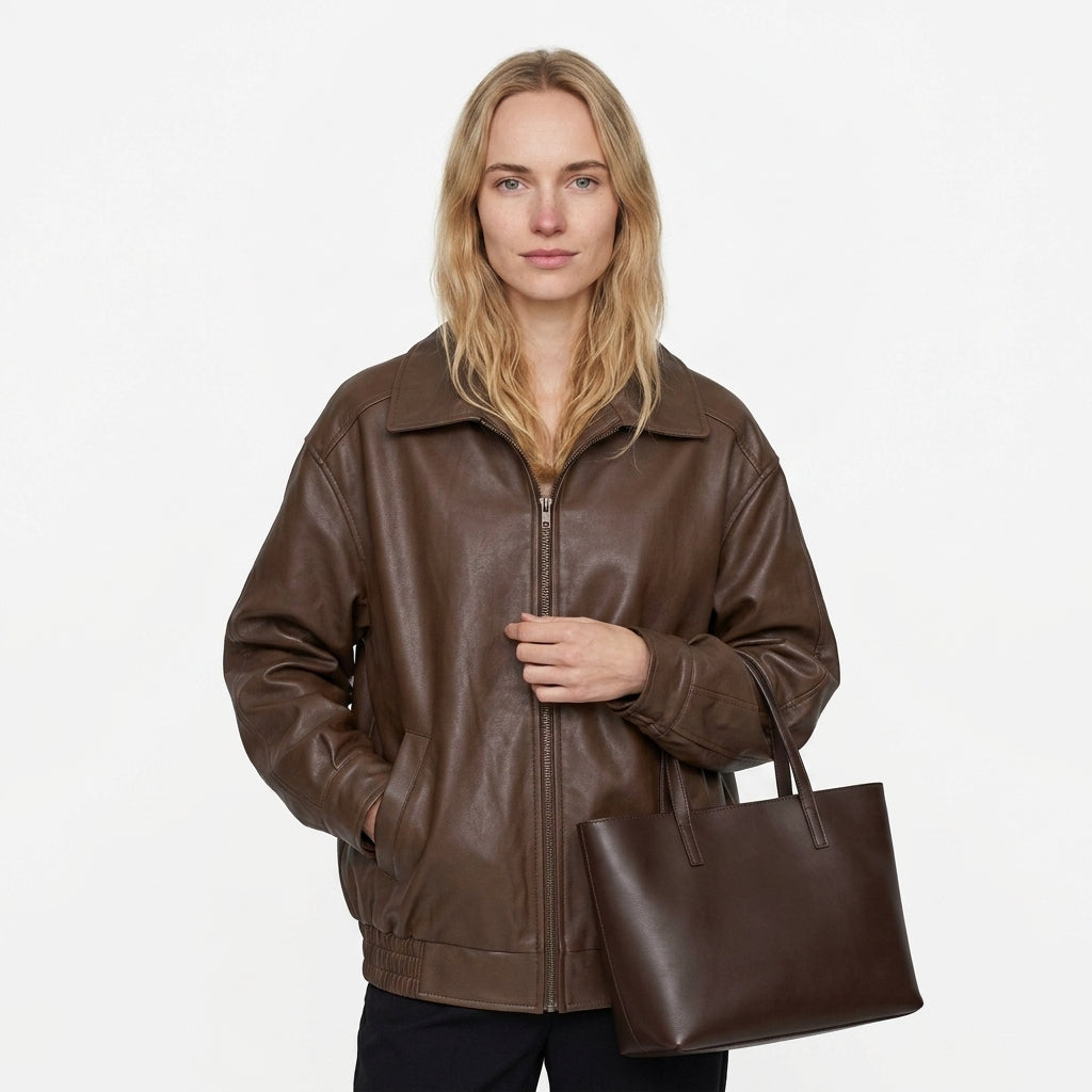 Oversized Leather Bomber Jacket — On Model - Accessories Focus | Generated by Modelize