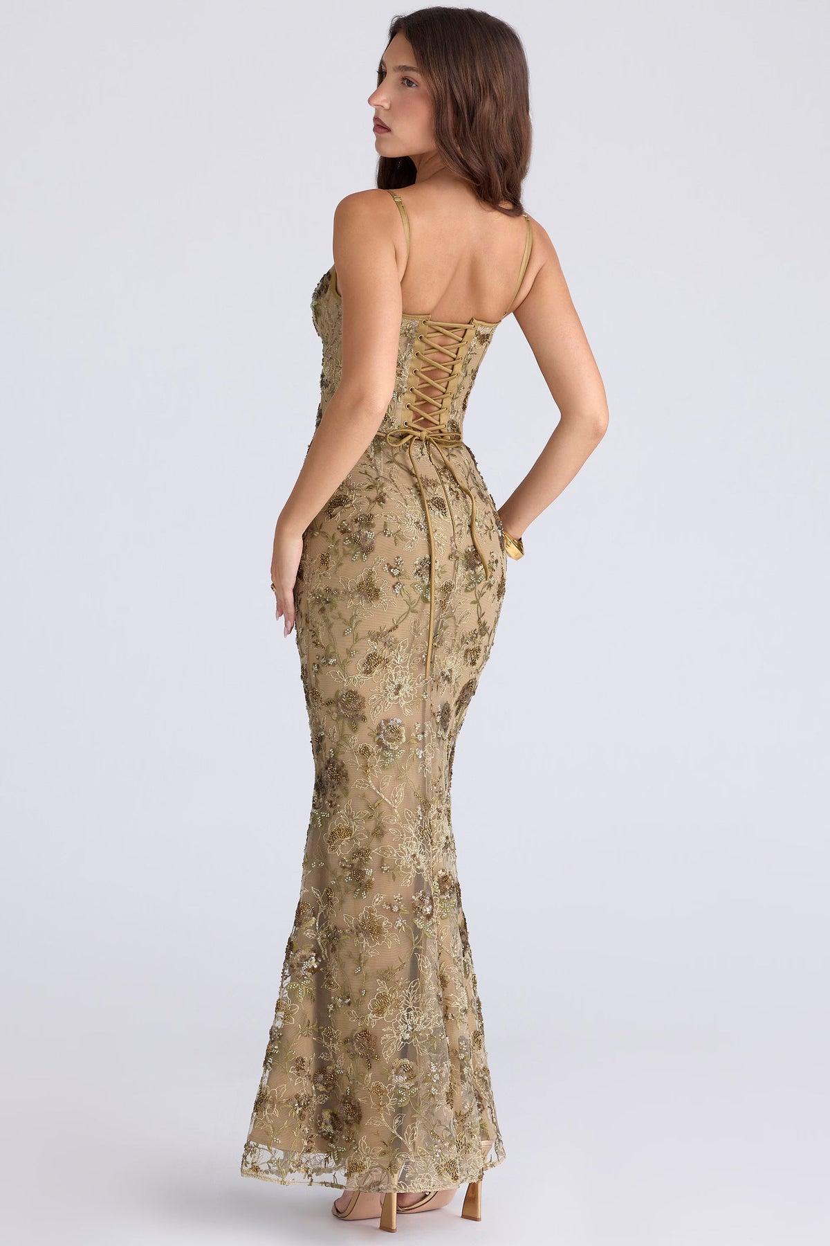 Zoé Dupont | Embroidered Sequin Corset Maxi Dress – Floral Spaghetti Strap Fitted Evening Gown