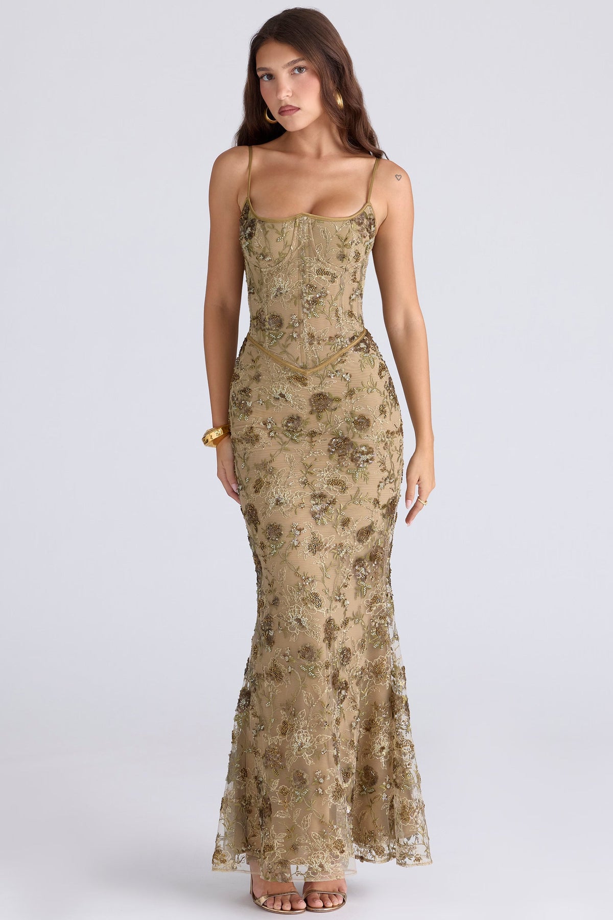 Zoé Dupont | Embroidered Sequin Corset Maxi Dress – Floral Spaghetti Strap Fitted Evening Gown