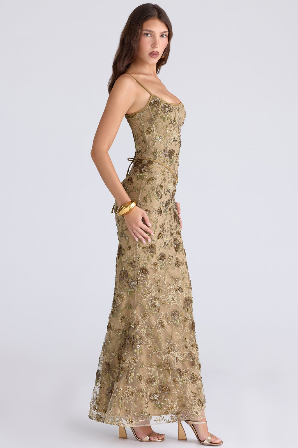 Zoé Dupont | Embroidered Sequin Corset Maxi Dress – Floral Spaghetti Strap Fitted Evening Gown