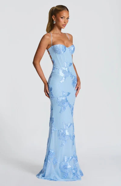 Charlotte Leroy | Embroidered Floral Mermaid Maxi Dress – Bustier Spaghetti Strap Evening Gown