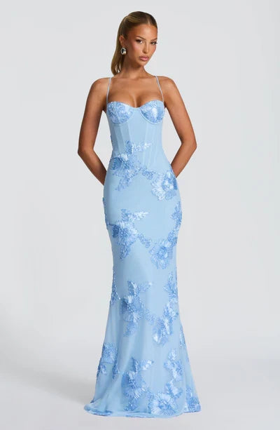 Charlotte Leroy | Embroidered Floral Mermaid Maxi Dress – Bustier Spaghetti Strap Evening Gown