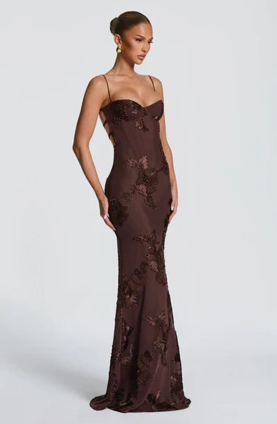 Charlotte Leroy | Embroidered Floral Mermaid Maxi Dress – Bustier Spaghetti Strap Evening Gown