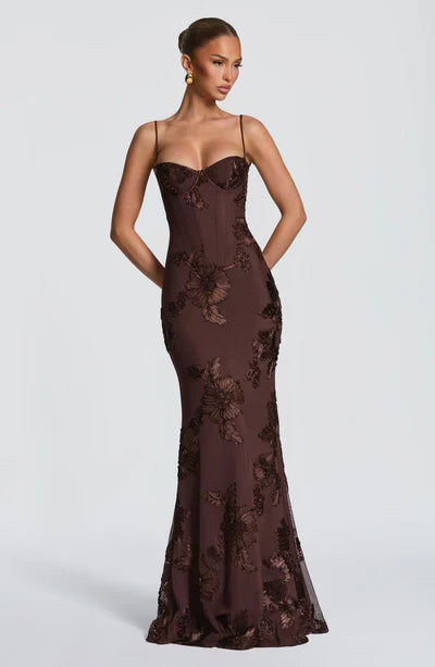 Charlotte Leroy | Embroidered Floral Mermaid Maxi Dress – Bustier Spaghetti Strap Evening Gown