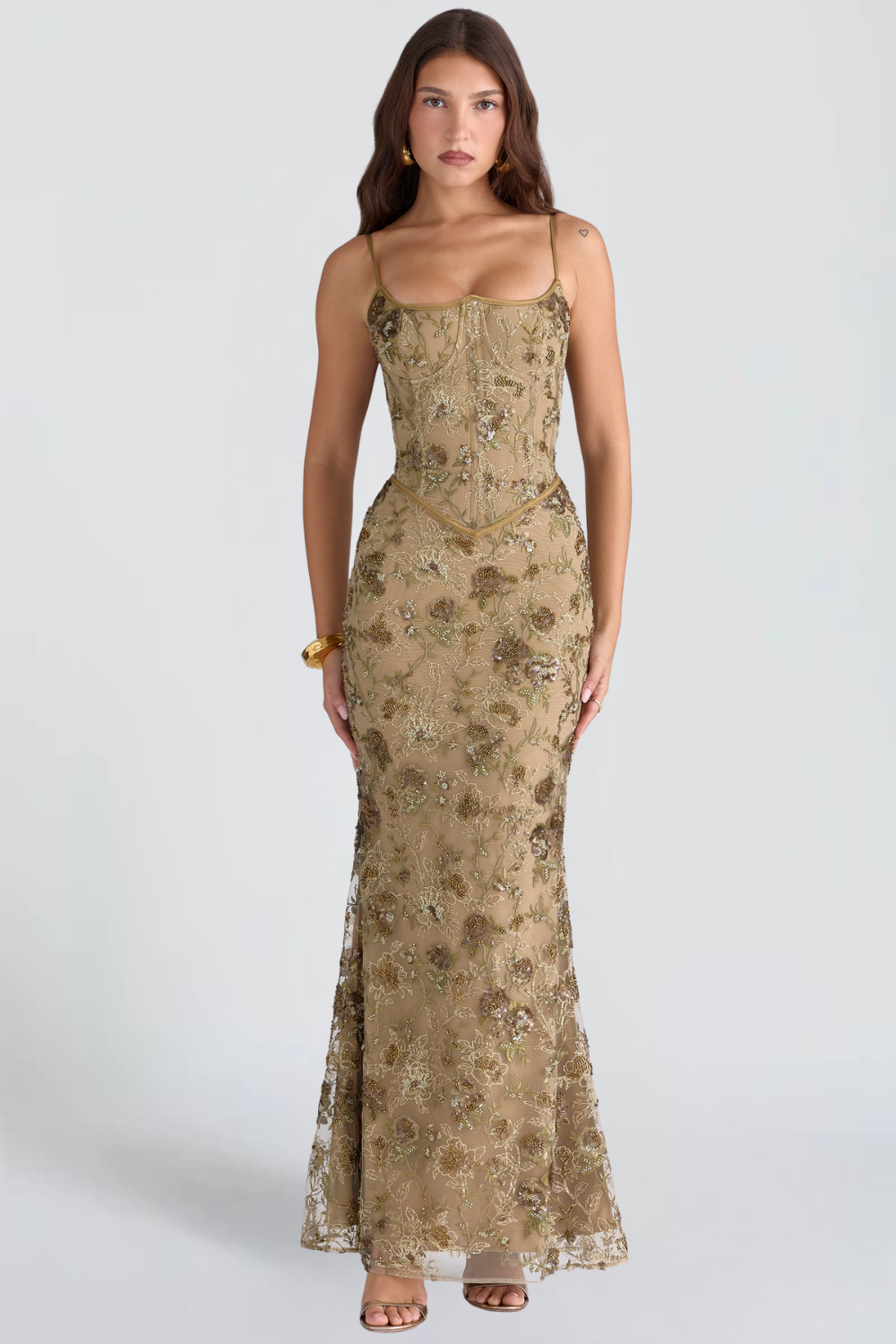 Zoé Dupont | Embroidered Sequin Corset Maxi Dress – Floral Spaghetti Strap Fitted Evening Gown
