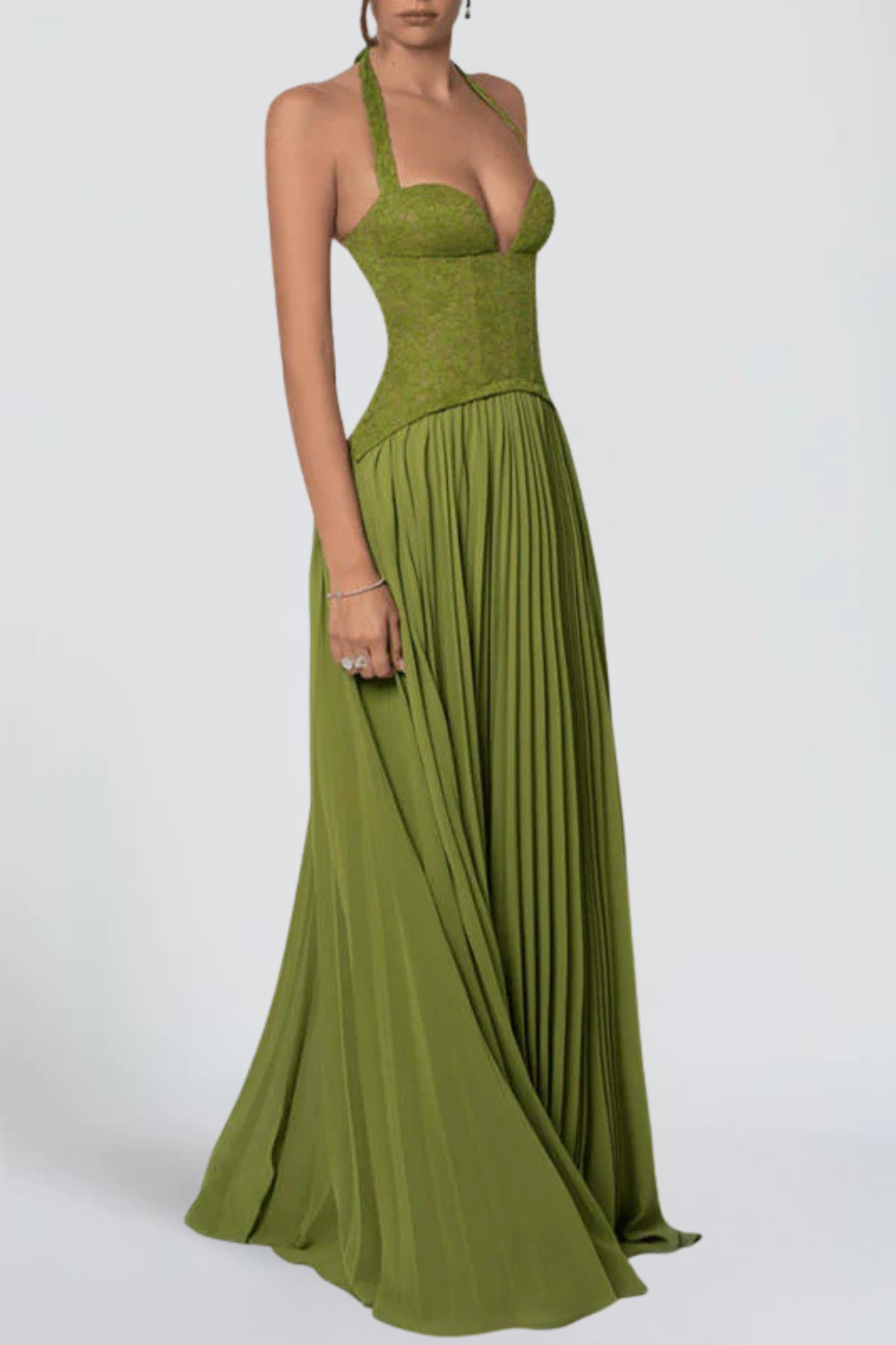 Claire Michel | Halter Corset Maxi Dress – Plunge Neck Pleated Skirt Flowy Evening Gown