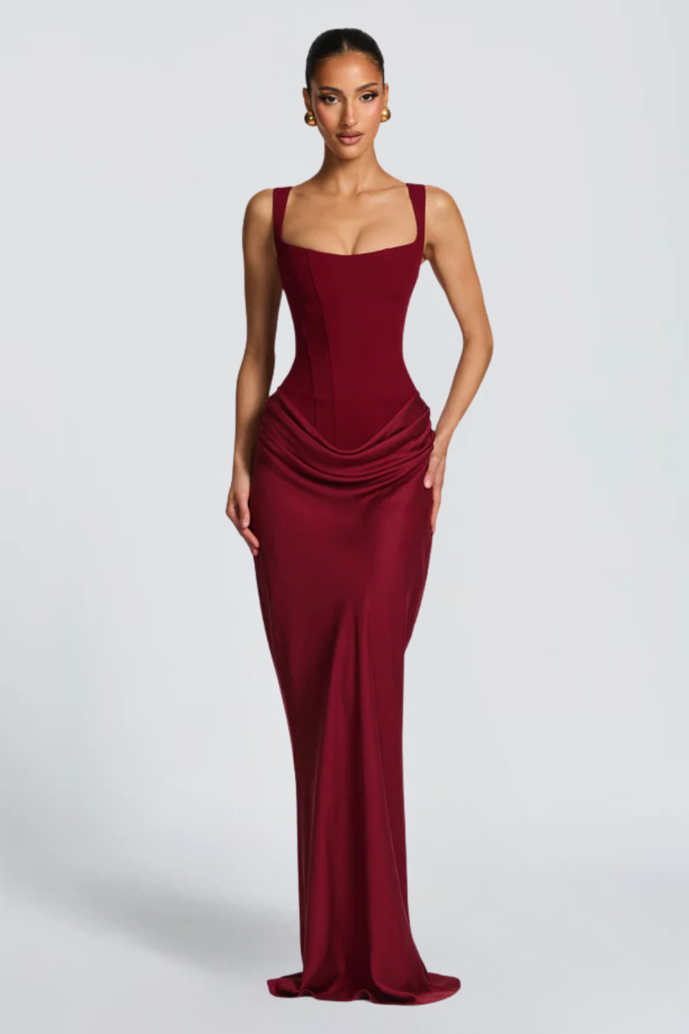 Alice Roux | Corset Bodice Maxi Dress – Wide Strap Draped Hip Fitted Bodycon Evening Gown