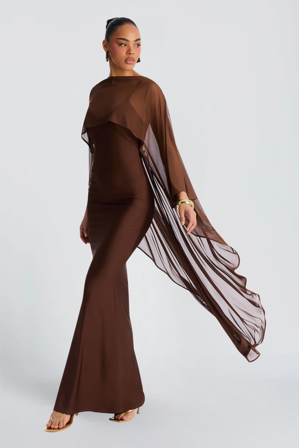 Inès Richard | Chiffon Cape Maxi Dress – Bateau Neck Fitted Mermaid Formal Evening Gown
