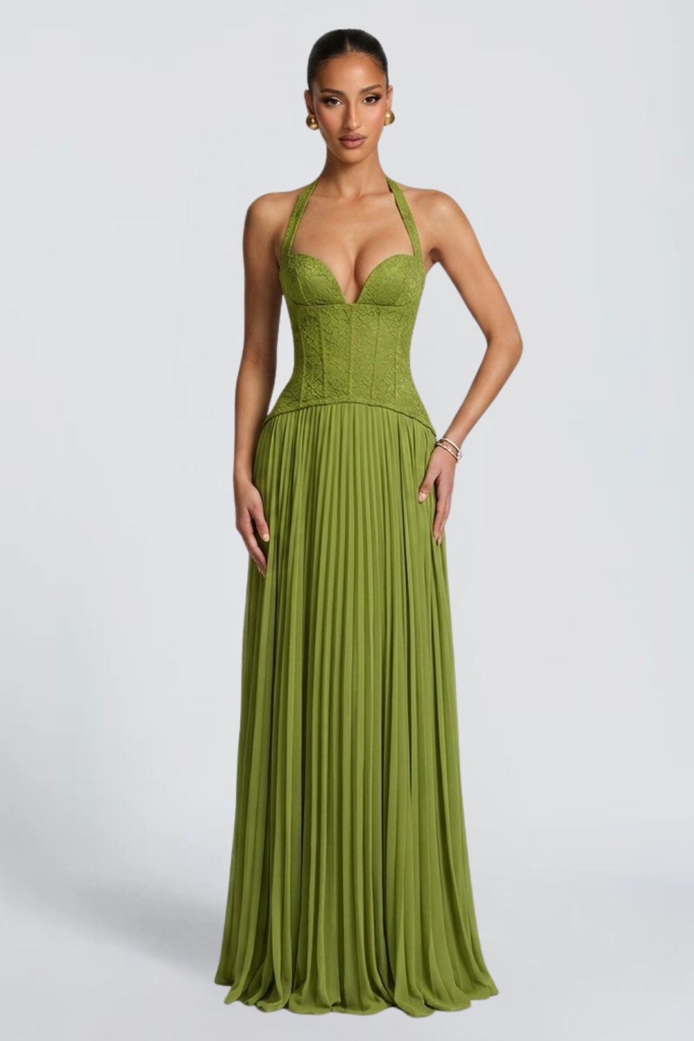 Claire Michel | Halter Corset Maxi Dress – Plunge Neck Pleated Skirt Flowy Evening Gown