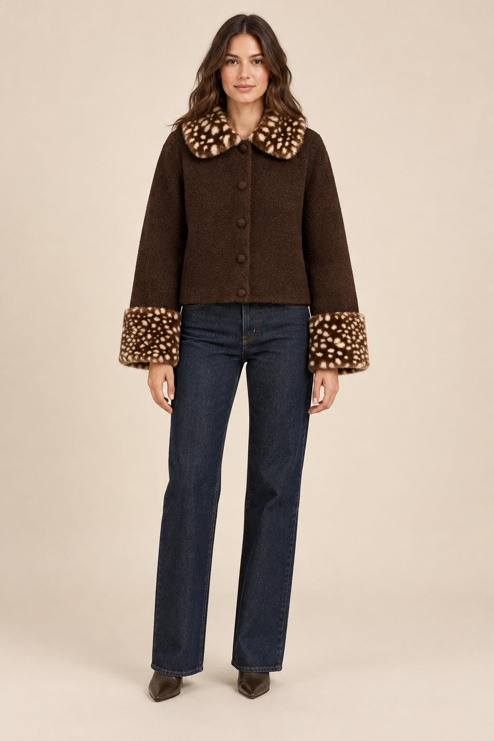 Fatima Marie | Women's Brown Jacket with Leopard Faux Fur Collar & Cuffs – Short Button-Up Coat