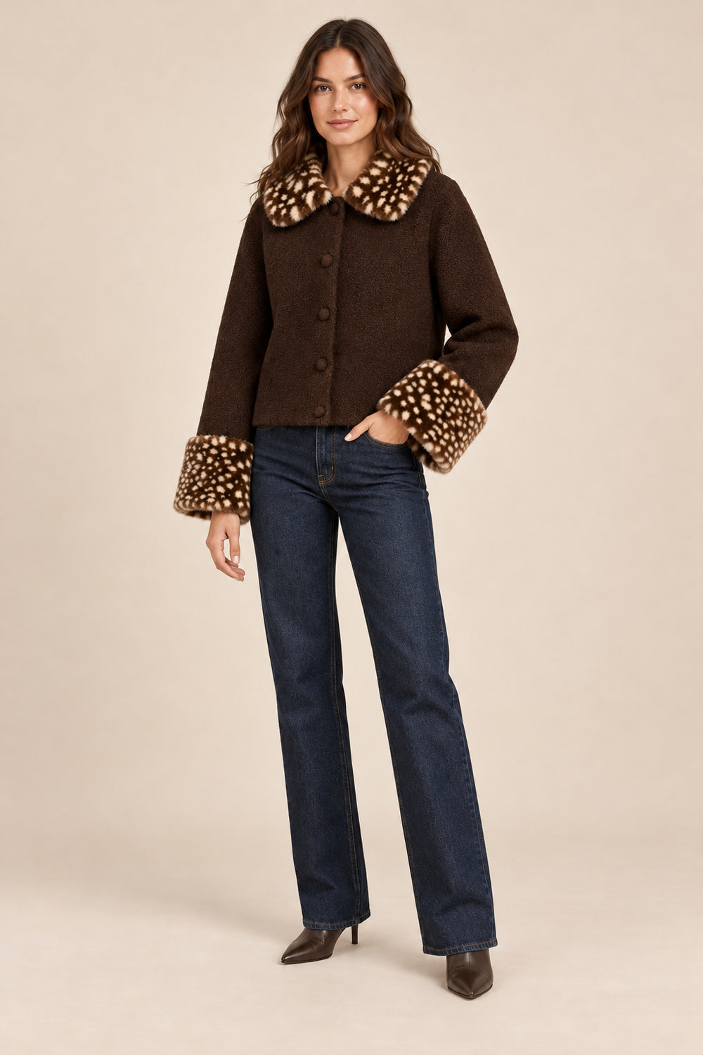 Fatima Marie | Women's Brown Jacket with Leopard Faux Fur Collar & Cuffs – Short Button-Up Coat
