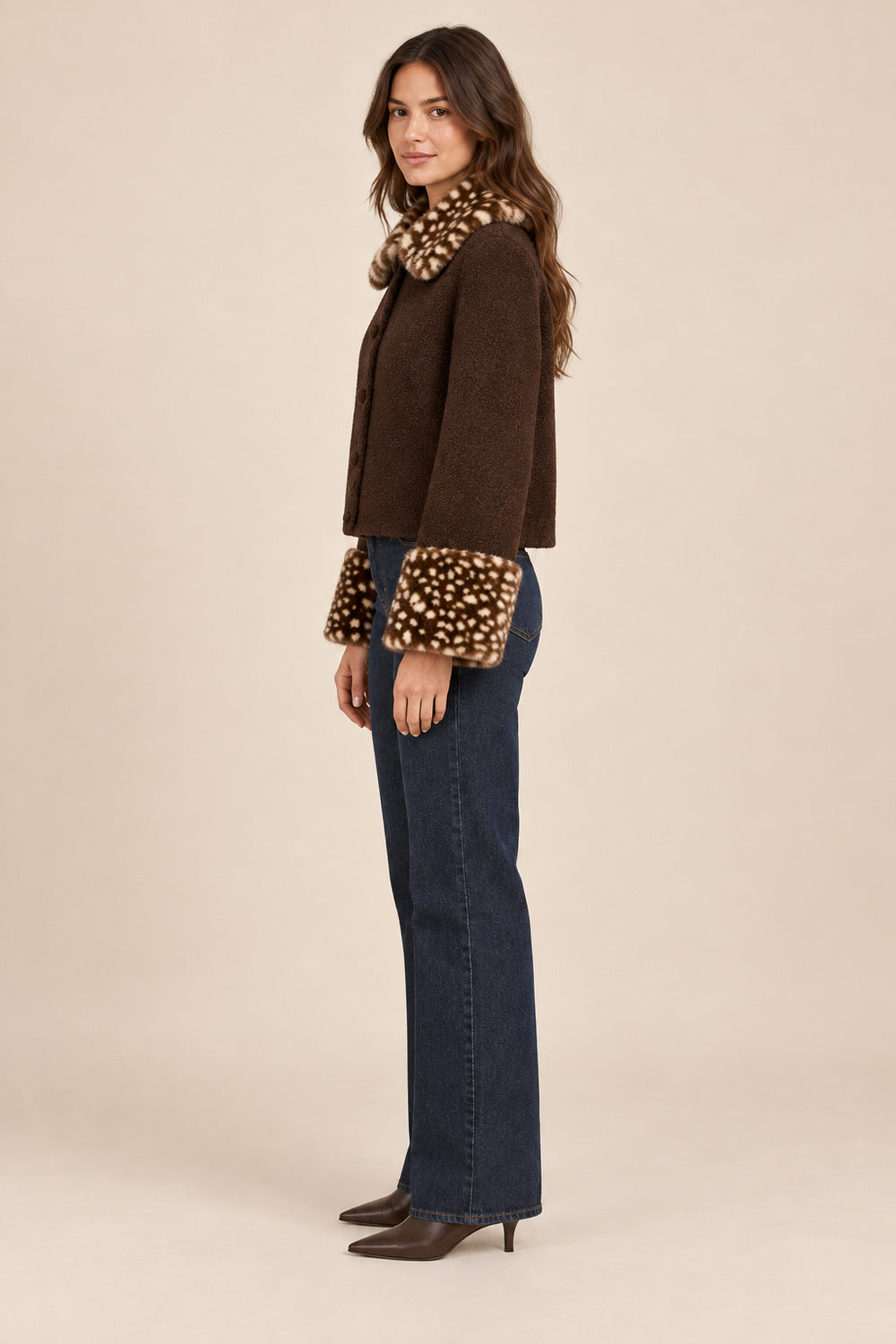 Fatima Marie | Women's Brown Jacket with Leopard Faux Fur Collar & Cuffs – Short Button-Up Coat