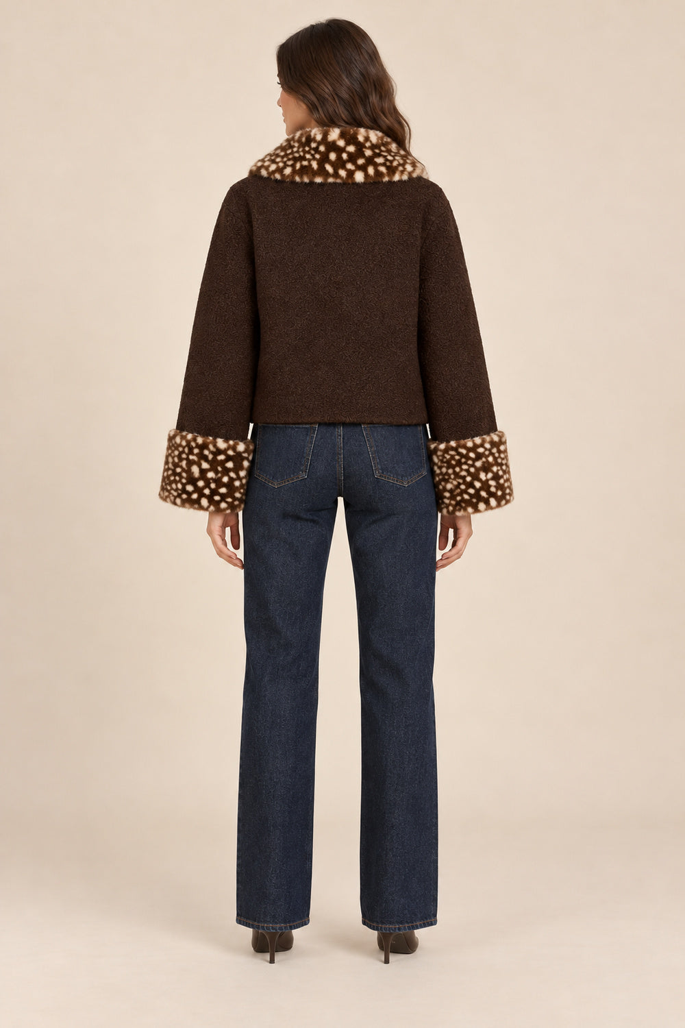 Fatima Marie | Women's Brown Jacket with Leopard Faux Fur Collar & Cuffs – Short Button-Up Coat