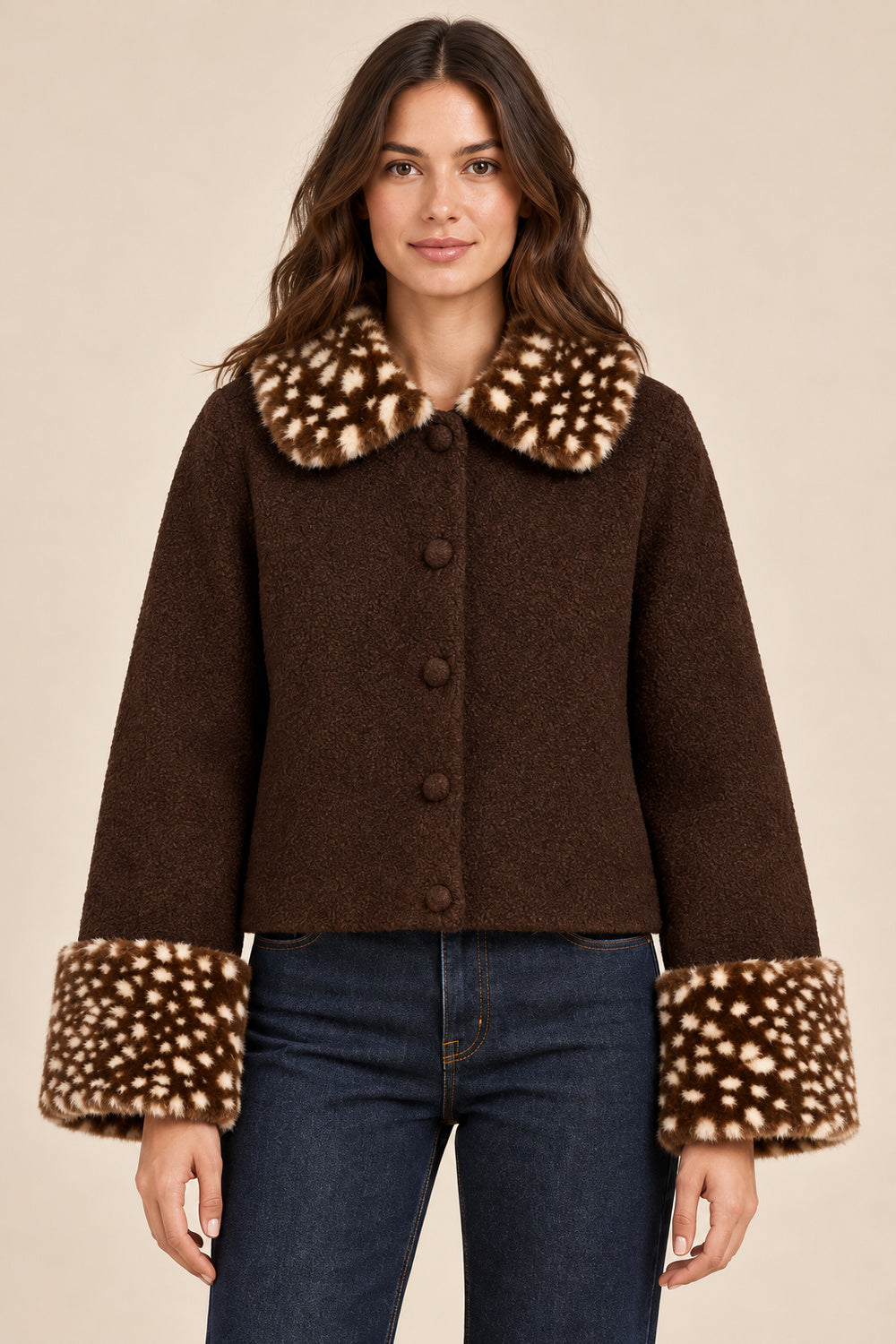 Fatima Marie | Women's Brown Jacket with Leopard Faux Fur Collar & Cuffs – Short Button-Up Coat
