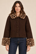 Fatima Marie | Women's Brown Jacket with Leopard Faux Fur Collar & Cuffs – Short Button-Up Coat