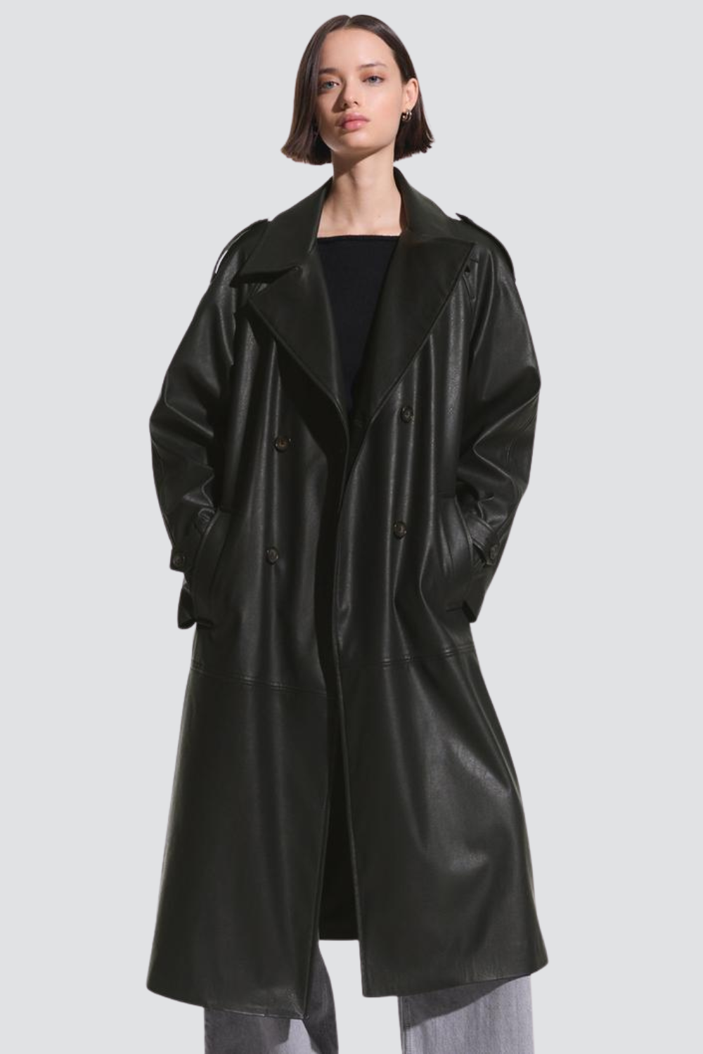 Romane Morin | Women's Black Leather Trench Coat – Long Oversized Belted Coat
