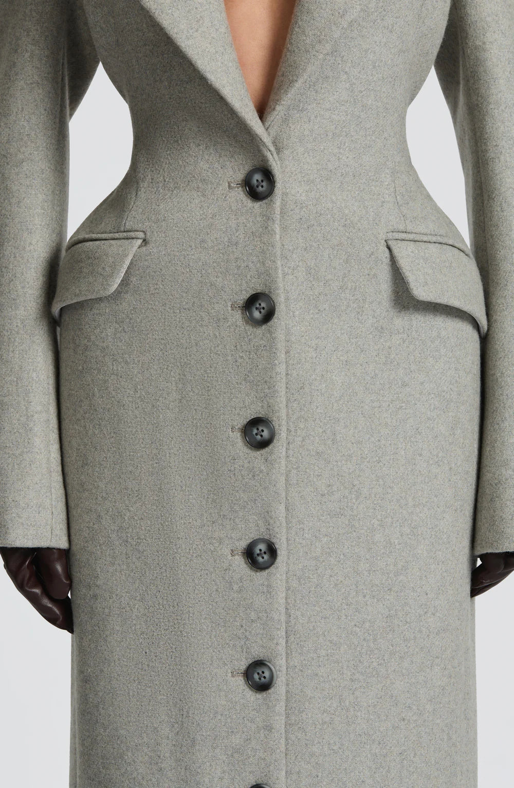 Louna Masson | Women's Long Sage Grey Coat – Single-Breasted Tailored Maxi Coat