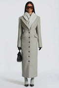 Louna Masson | Women's Long Sage Grey Coat – Single-Breasted Tailored Maxi Coat