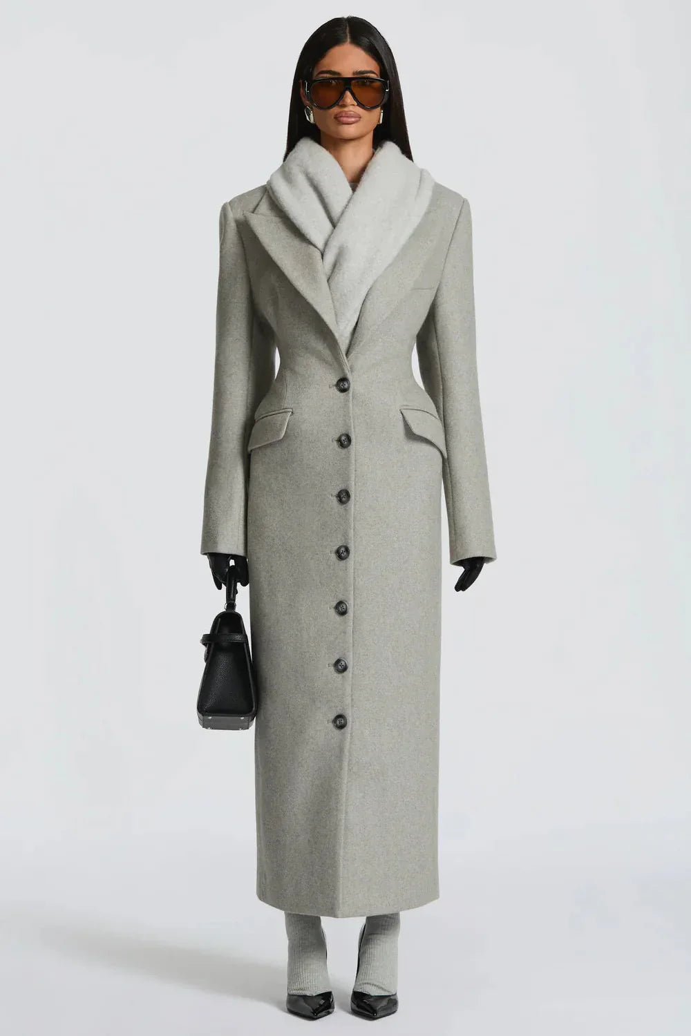 Louna Masson | Women's Long Sage Grey Coat – Single-Breasted Tailored Maxi Coat