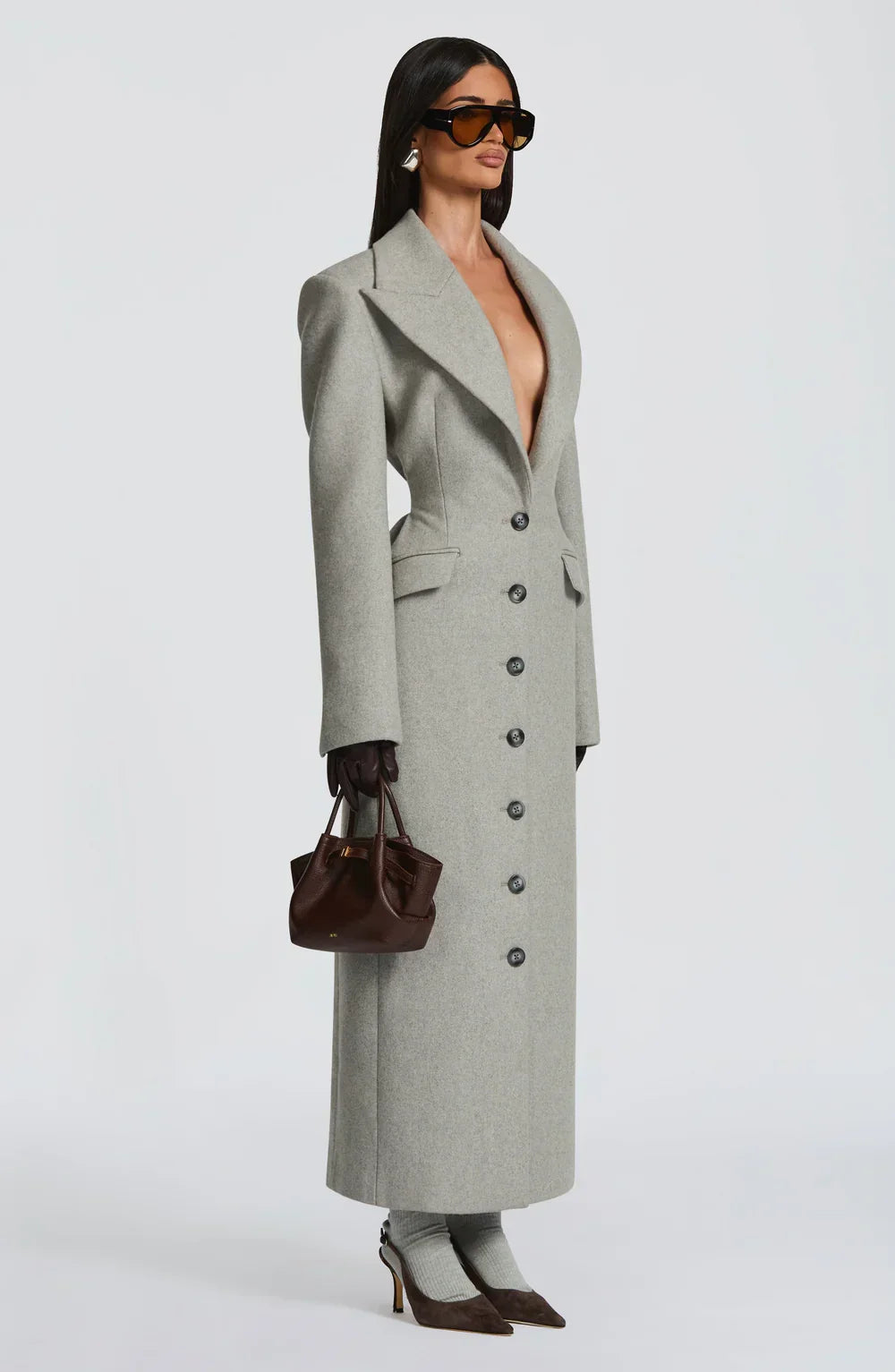 Louna Masson | Women's Long Sage Grey Coat – Single-Breasted Tailored Maxi Coat