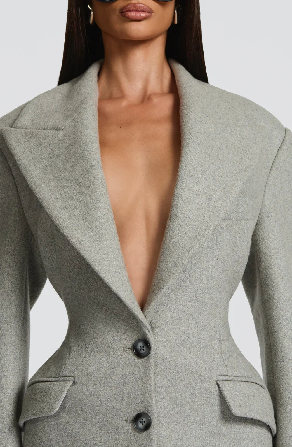 Louna Masson | Women's Long Sage Grey Coat – Single-Breasted Tailored Maxi Coat