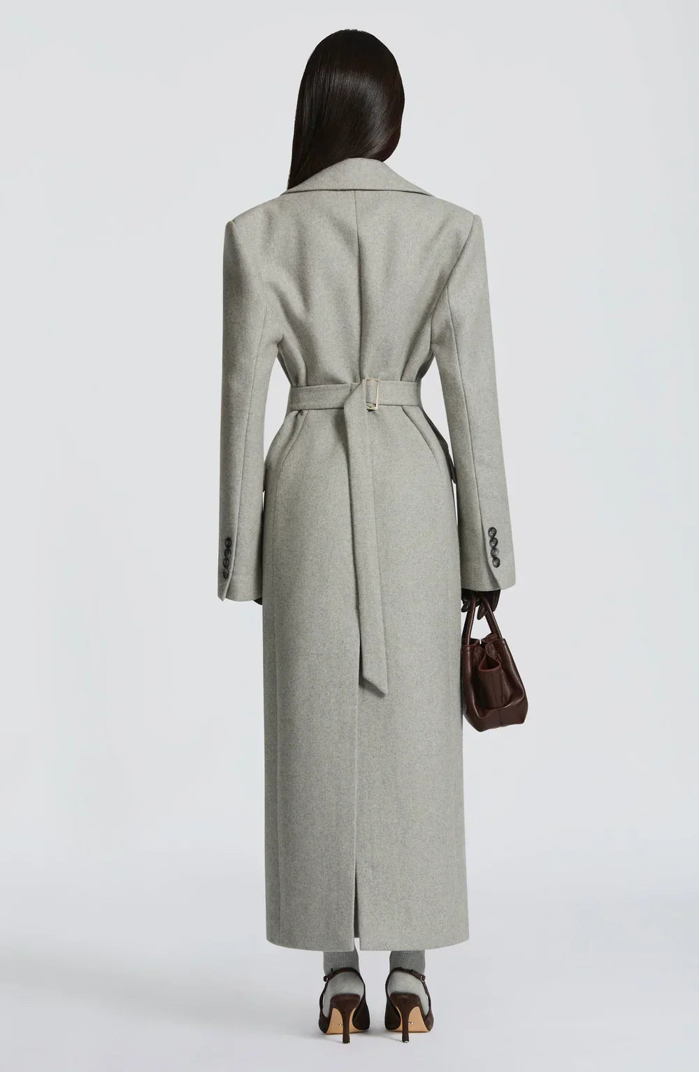 Louna Masson | Women's Long Sage Grey Coat – Single-Breasted Tailored Maxi Coat