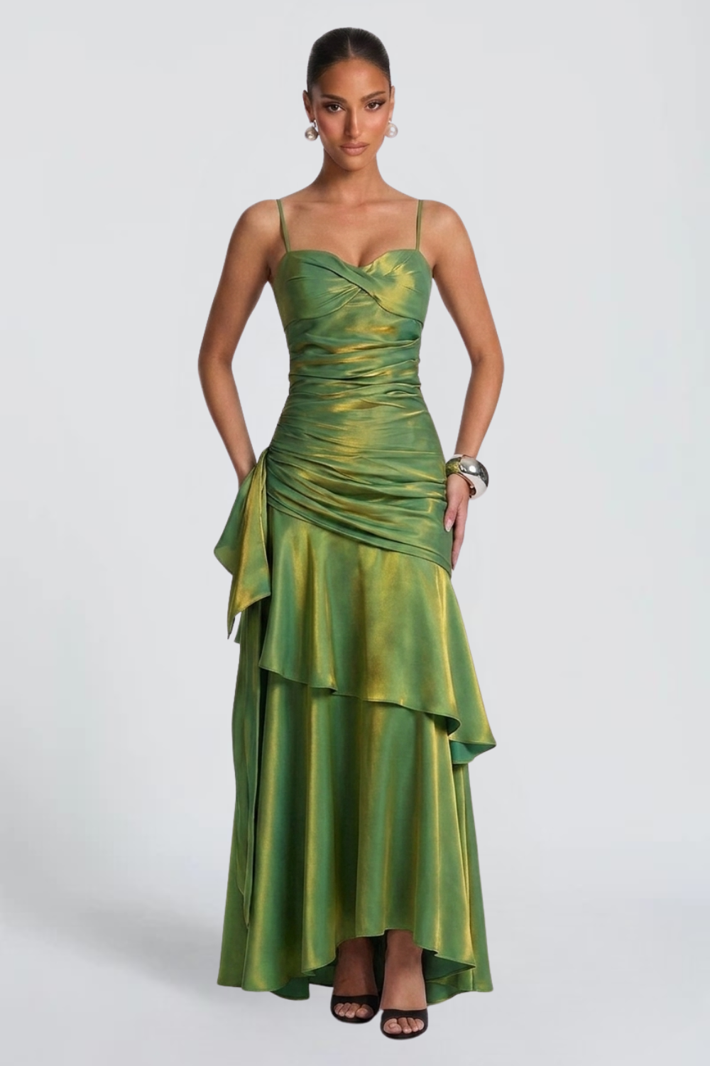 ISABELLE GAILLARD | Iridescent Satin Maxi Dress – Twisted Sweetheart Ruched Asymmetric Evening Gown