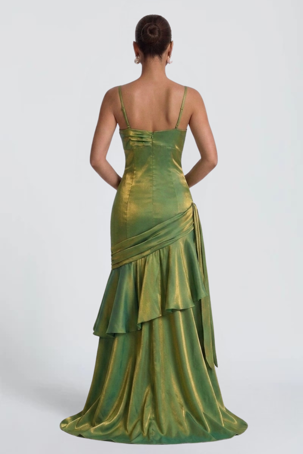 ISABELLE GAILLARD | Iridescent Satin Maxi Dress – Twisted Sweetheart Ruched Asymmetric Evening Gown